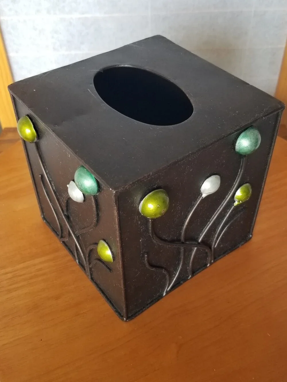 Brown Metal Tissue Box Holder Square Four-Sided Design Abstract Coastal 5.5